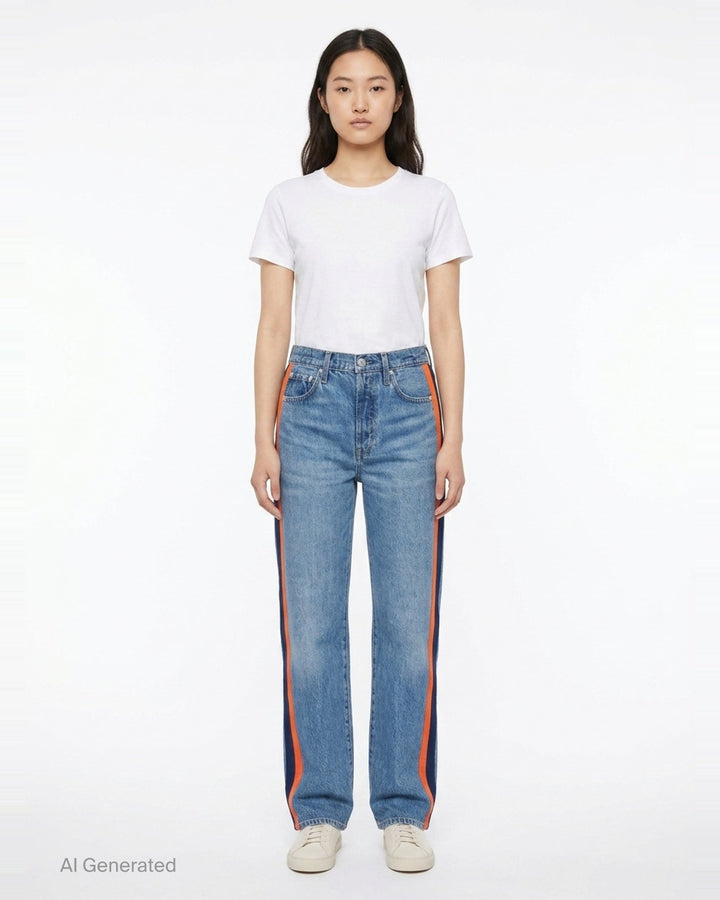 rag & bone washed black wide-leg jeans with contrast green and white side stripes along the outer seams, high-rise fit, five-pocket construction - front