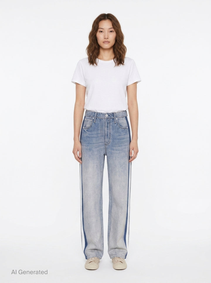 rag & bone washed black wide-leg jeans with contrast green and white side stripes along the outer seams, high-rise fit, five-pocket construction - front