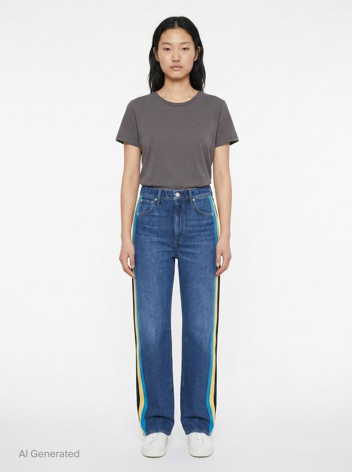 rag & bone washed black wide-leg jeans with contrast green and white side stripes along the outer seams, high-rise fit, five-pocket construction - front