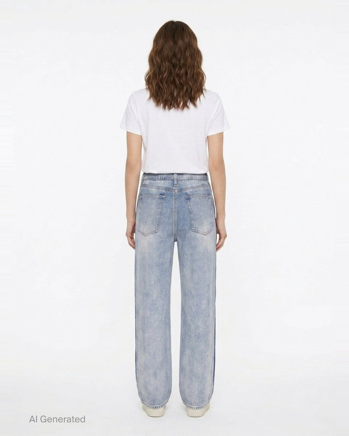 rag & bone washed black wide-leg jeans with contrast green and white side stripes along the outer seams, high-rise fit, five-pocket construction - back