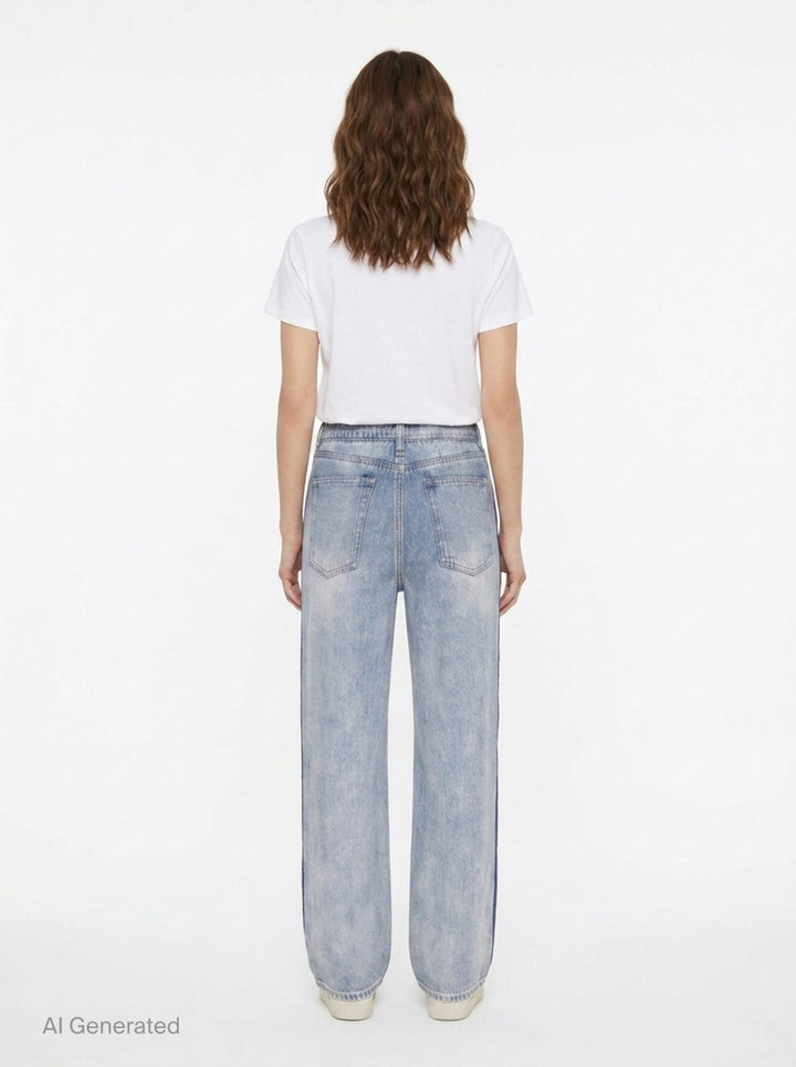 rag & bone washed black wide-leg jeans with contrast green and white side stripes along the outer seams, high-rise fit, five-pocket construction - back