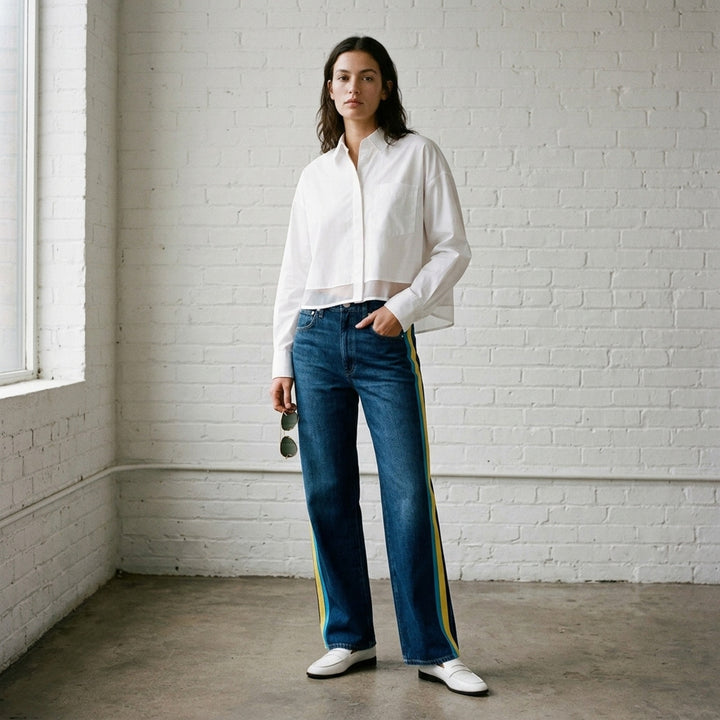 rag & bone washed black wide-leg jeans with contrast green and white side stripes along the outer seams, high-rise fit, five-pocket construction - lifestyle