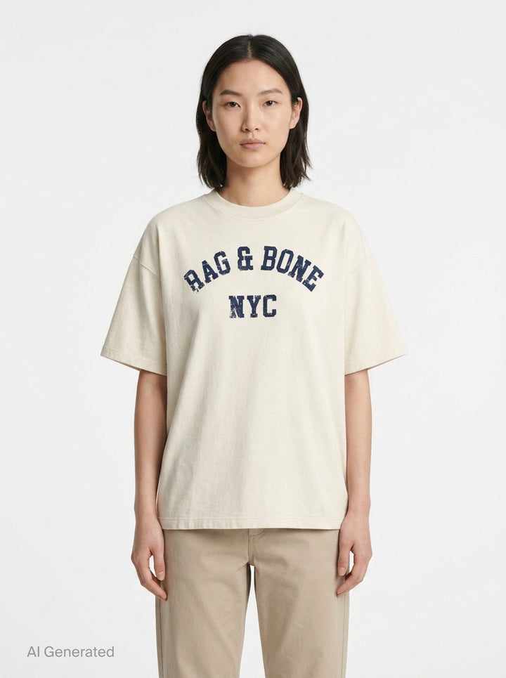 rag & bone University Alex Tee in washed navy, featuring a distressed arched collegiate graphic print reading 'RAG & BONE NYC', relaxed oversized fit with a crewneck collar and short sleeves - front