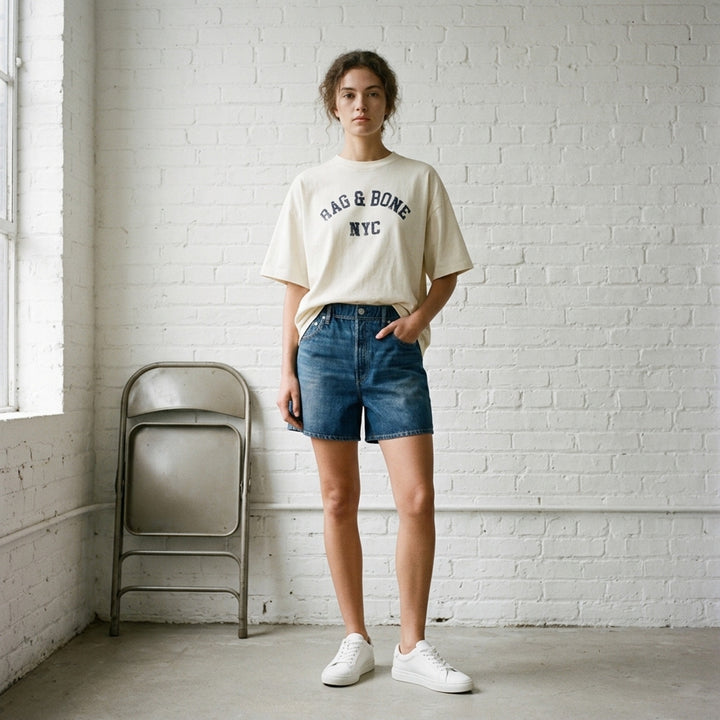 rag & bone University Alex Tee in cream with distressed navy collegiate "rag & bone NYC" graphic on the chest - lifestyle