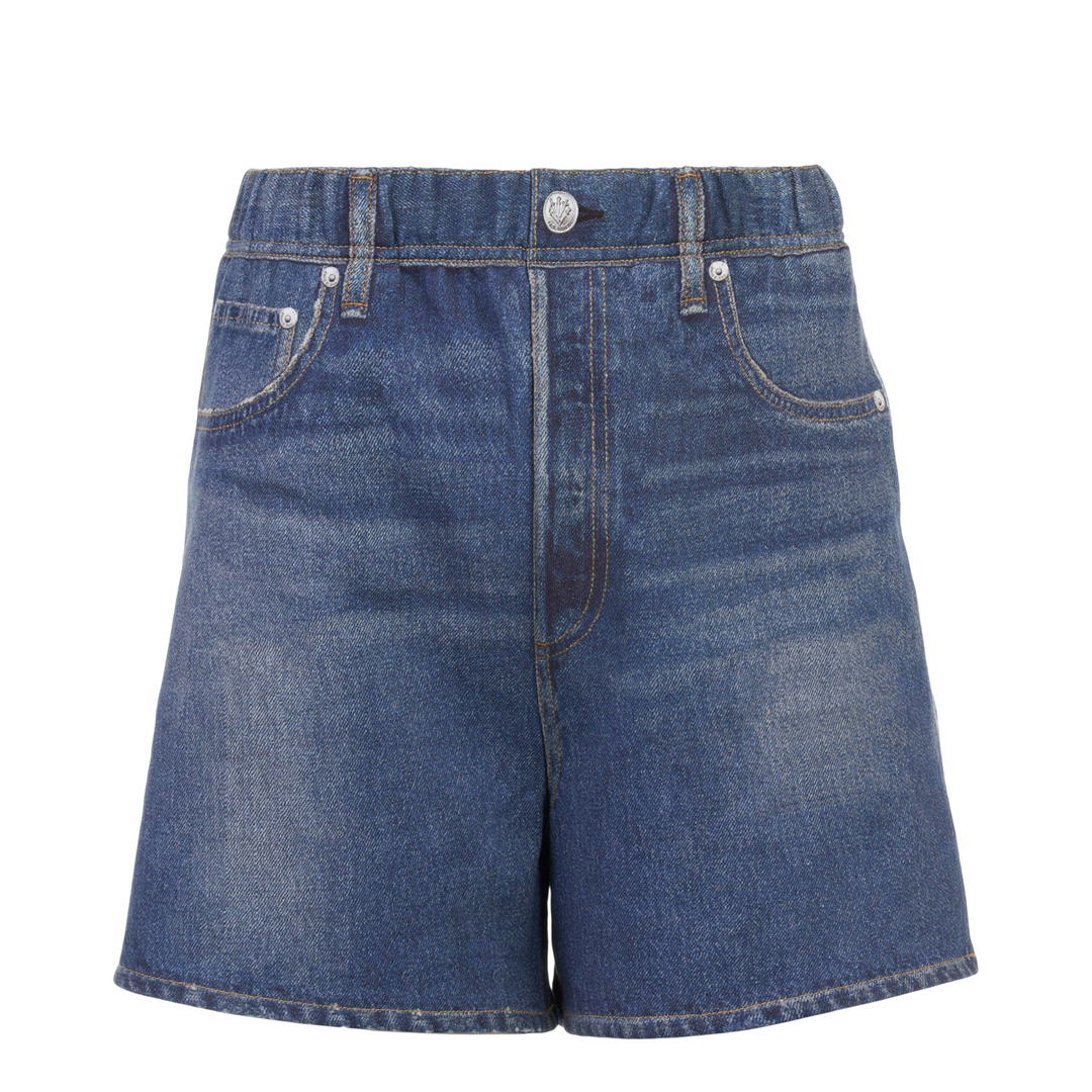 rag & bone Miramar high-rise relaxed denim shorts in mid-blue wash with contrast amber topstitching and silver-tone hardware, front view