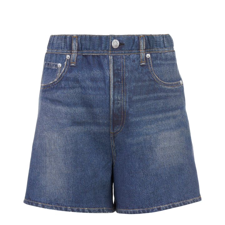 rag & bone Miramar high-rise relaxed denim shorts in mid-blue wash with contrast amber topstitching and silver-tone hardware, front view