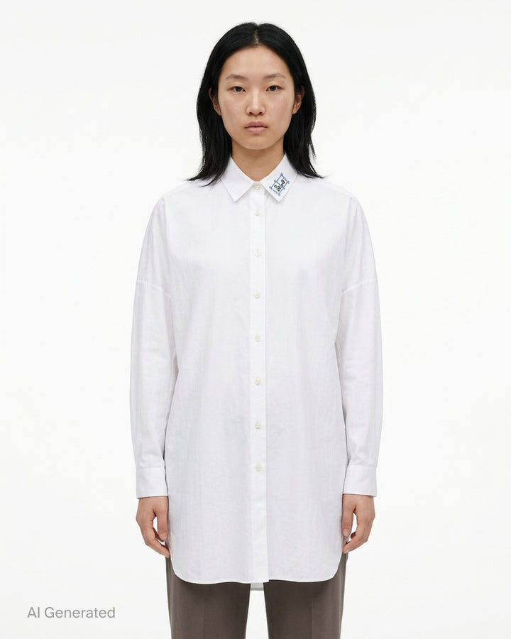 Random Identities oversized white long sleeve shirt dress with drop shoulders, button front and embroidered collar detail - front