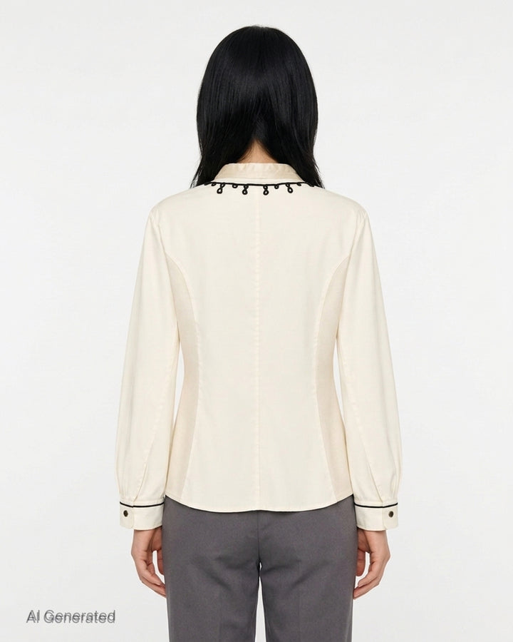Renli Su cream cotton blouse with black cord embroidery at the stand collar and placket, antique metal buttons and piped cuffs - back
