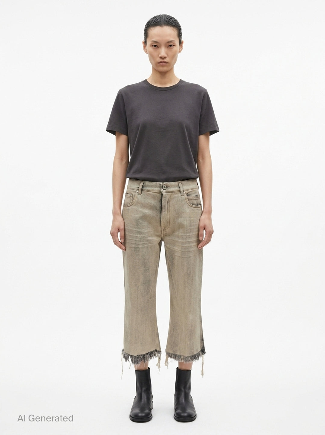 Rick Owens Bolan Cut cropped flare jeans in washed grey denim with heavily frayed raw hem and five-pocket construction, front view - front