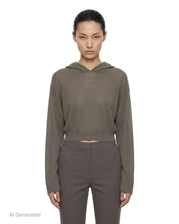 Rick Owens cropped knit sweater in taupe-grey with draped neckline, dolman sleeves and ribbed hem, front view - front