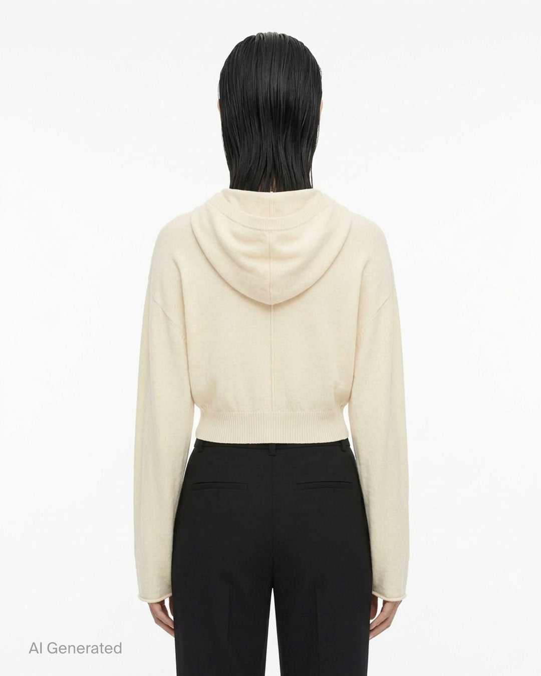 Rick Owens cropped knit sweater in taupe-grey with draped neckline, dolman sleeves and ribbed hem, front view - back