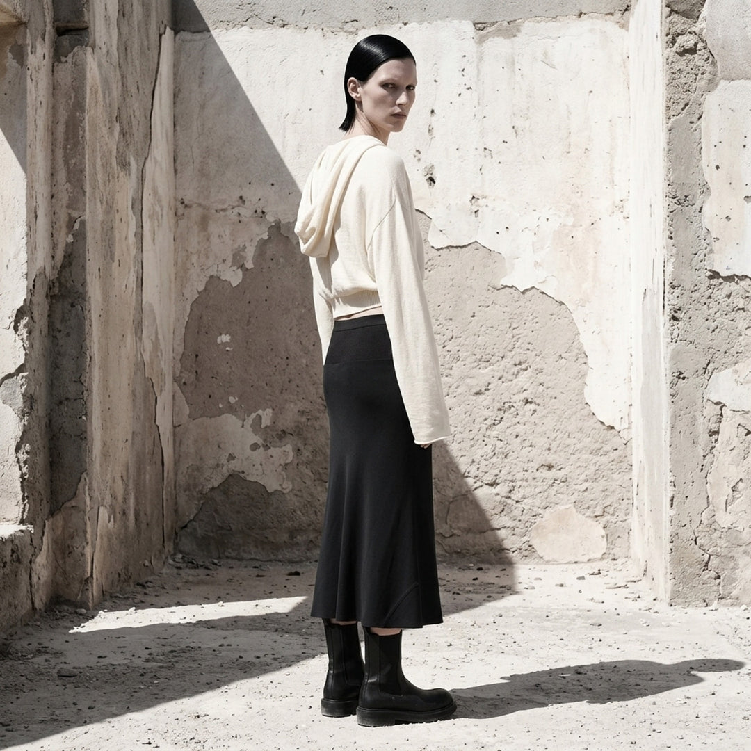 Rick Owens cropped knit sweater in taupe-grey with draped neckline, dolman sleeves and ribbed hem, front view - lifestyle