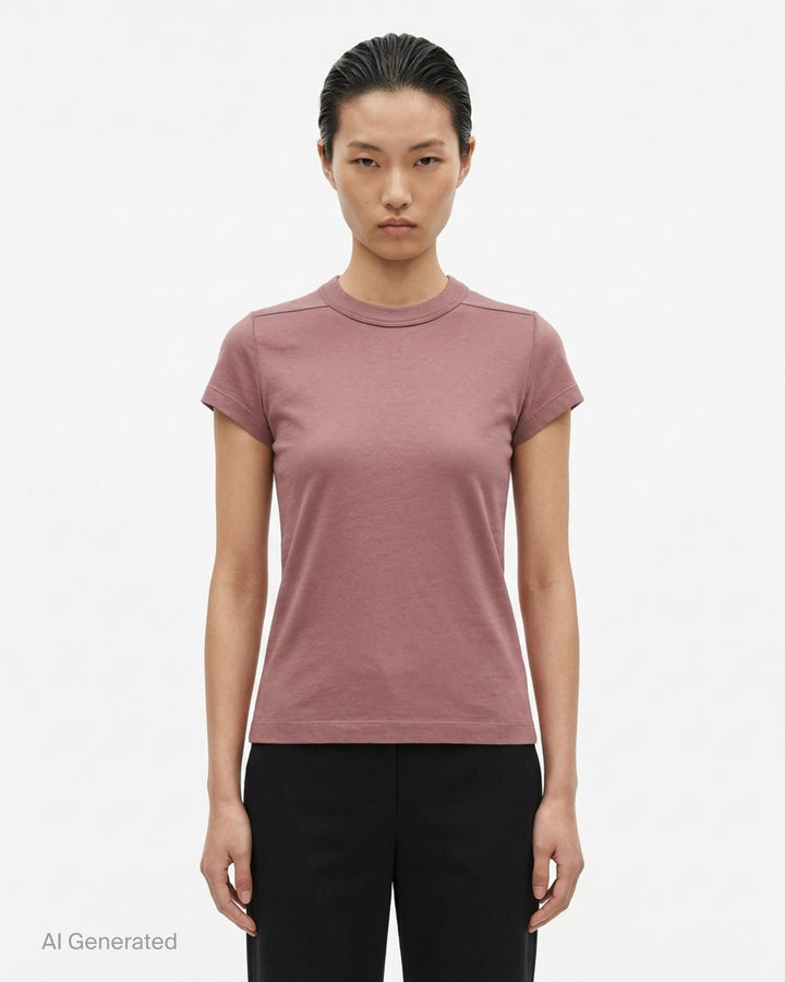 Rick Owens Cropped Level Classic Cotton Tee in dusty rose, featuring a raised mock neck, cap sleeves, and a fitted cropped silhouette with topstitched seam detailing - front