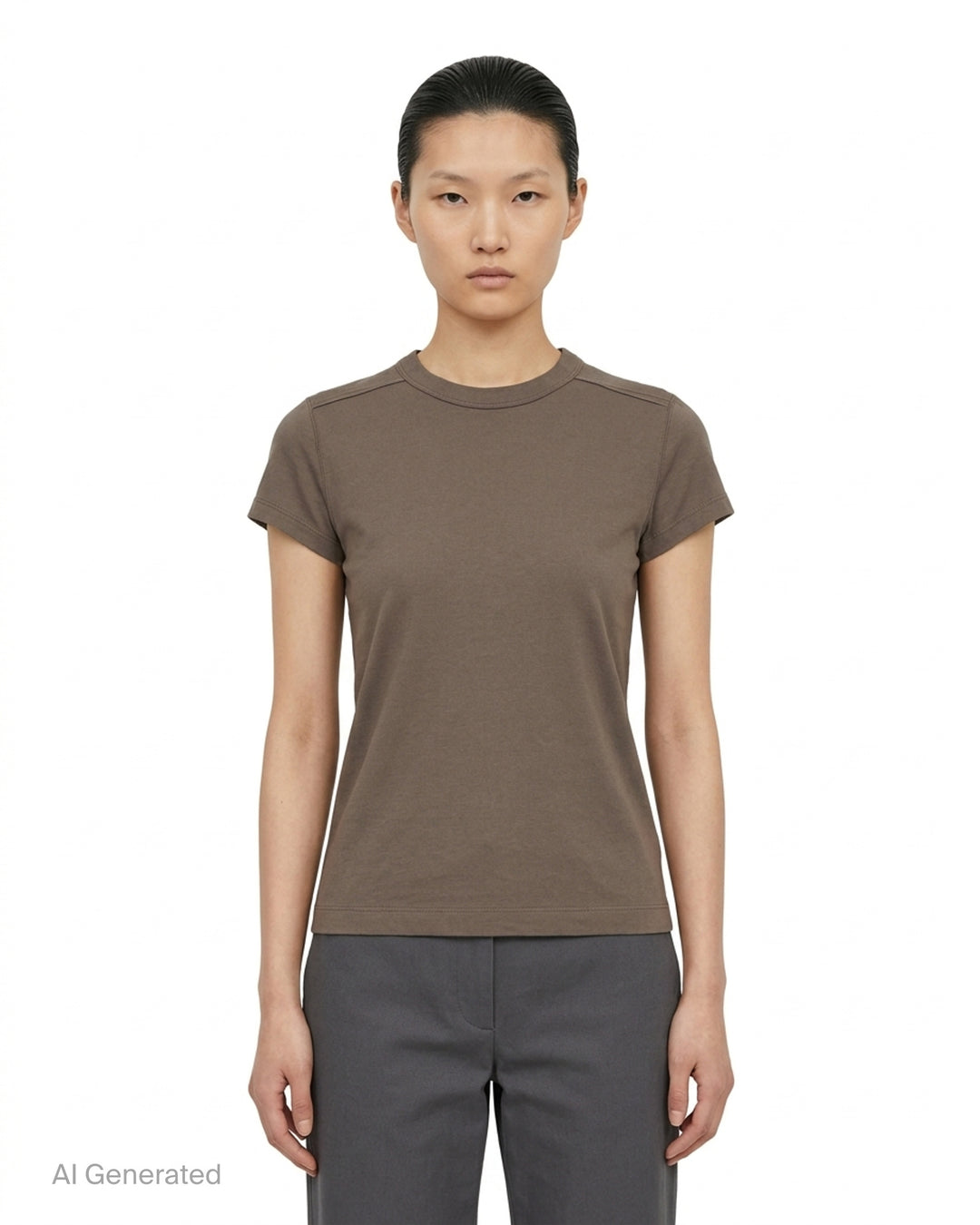 Rick Owens Cropped Level T-Shirt in muted taupe-grey with ribbed crew neck and short cap sleeves, front view - front