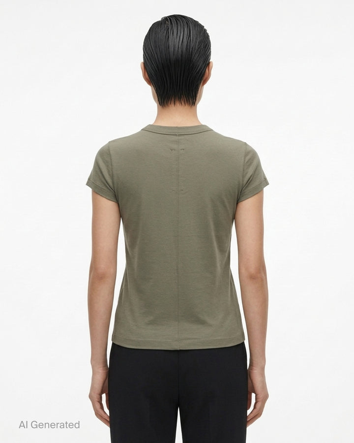 Rick Owens Cropped Level T-Shirt in muted taupe-grey with ribbed crew neck and short cap sleeves, front view - back