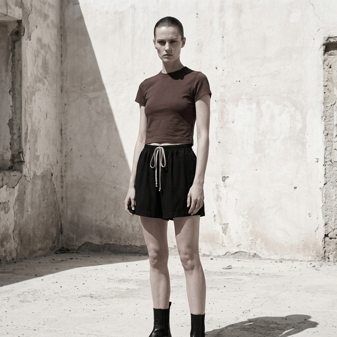 Rick Owens Cropped Level T-Shirt in muted taupe-grey with ribbed crew neck and short cap sleeves, front view - lifestyle