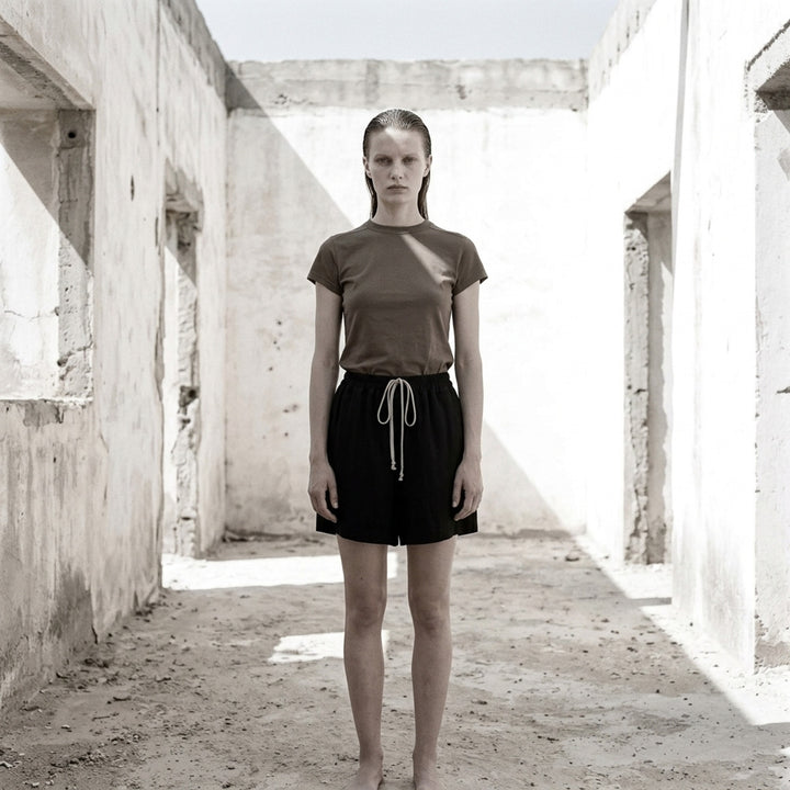 Rick Owens Cropped Level T-Shirt in muted taupe-grey with ribbed crew neck and short cap sleeves, front view - lifestyle