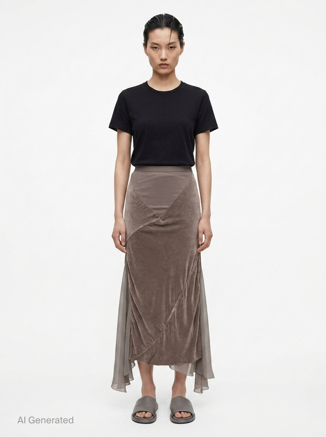 Rick Owens Double Sliced Midi Skirt in taupe crushed velvet with diagonal seaming and fluid chiffon hem panels, front view on white background - front