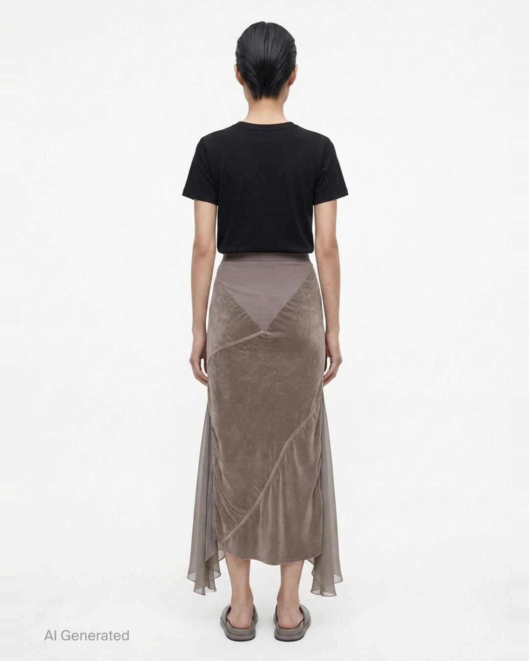 Rick Owens Double Sliced Midi Skirt in taupe crushed velvet with diagonal seaming and fluid chiffon hem panels, front view on white background - back
