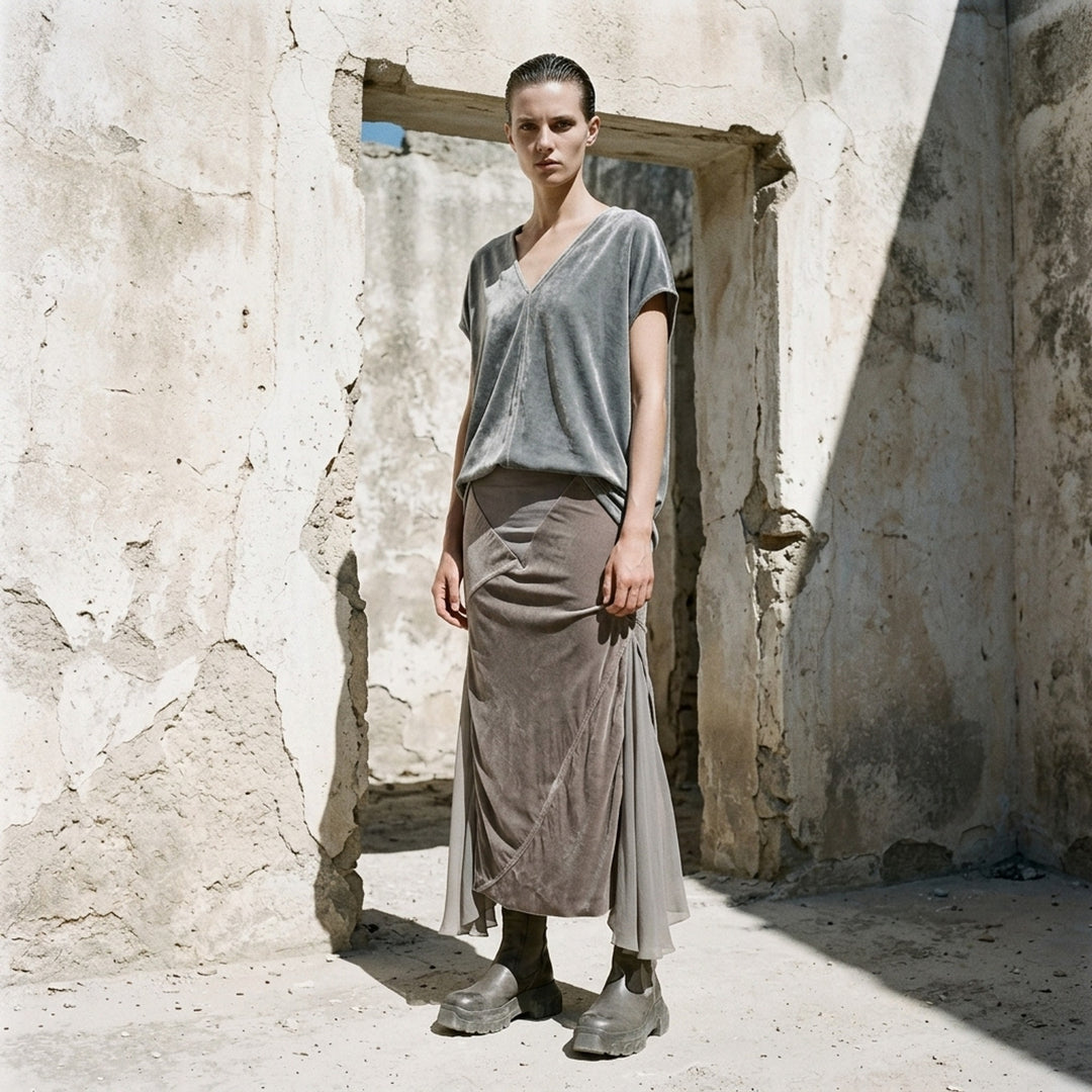 Rick Owens Double Sliced Midi Skirt in taupe crushed velvet with diagonal seaming and fluid chiffon hem panels, front view on white background - lifestyle