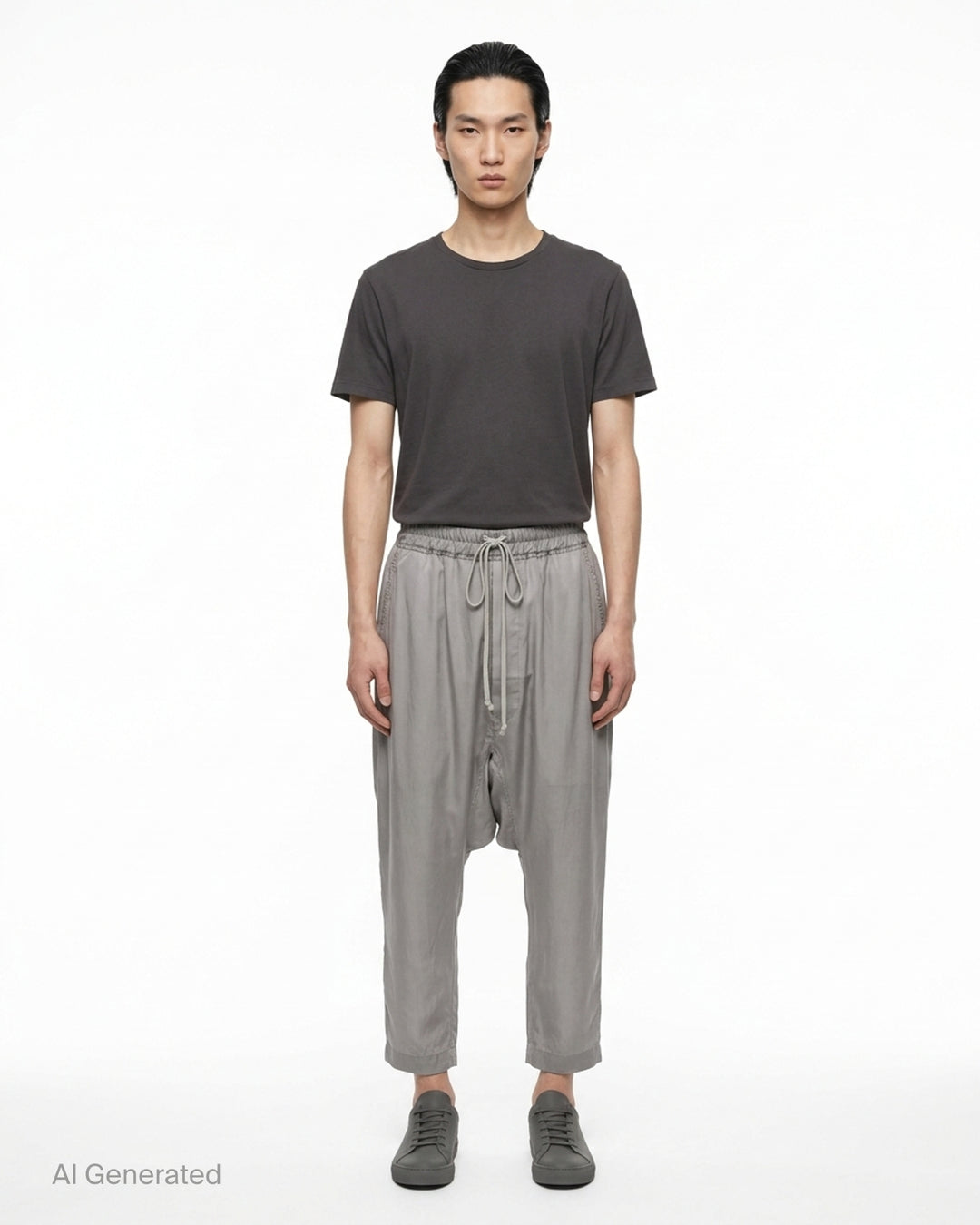 Rick Owens grey drawstring cropped pants with a dropped crotch, elasticated waistband and fluid, semi-sheer fabric, shown from the front - front
