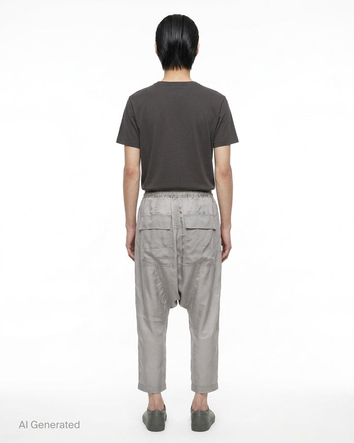 Rick Owens grey drawstring cropped pants with a dropped crotch, elasticated waistband and fluid, semi-sheer fabric, shown from the front - back