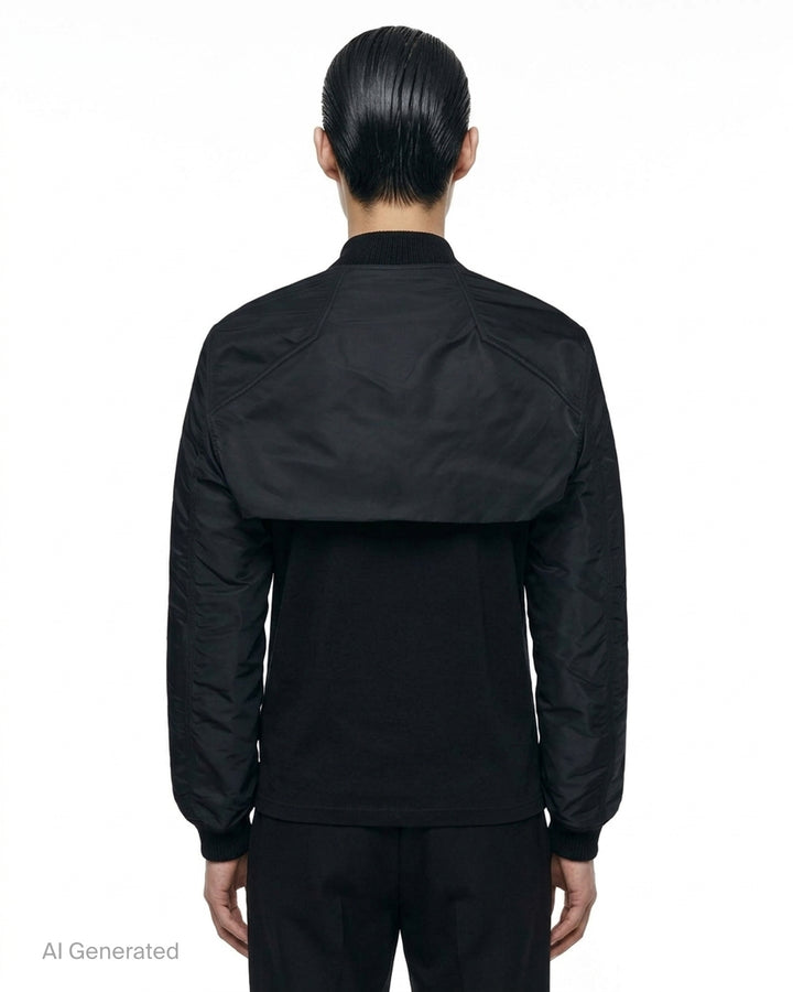 Rick Owens black washed nylon sleeveless bomber vest with V-neckline, silver front zip, four zip pockets and ribbed knit hem - back