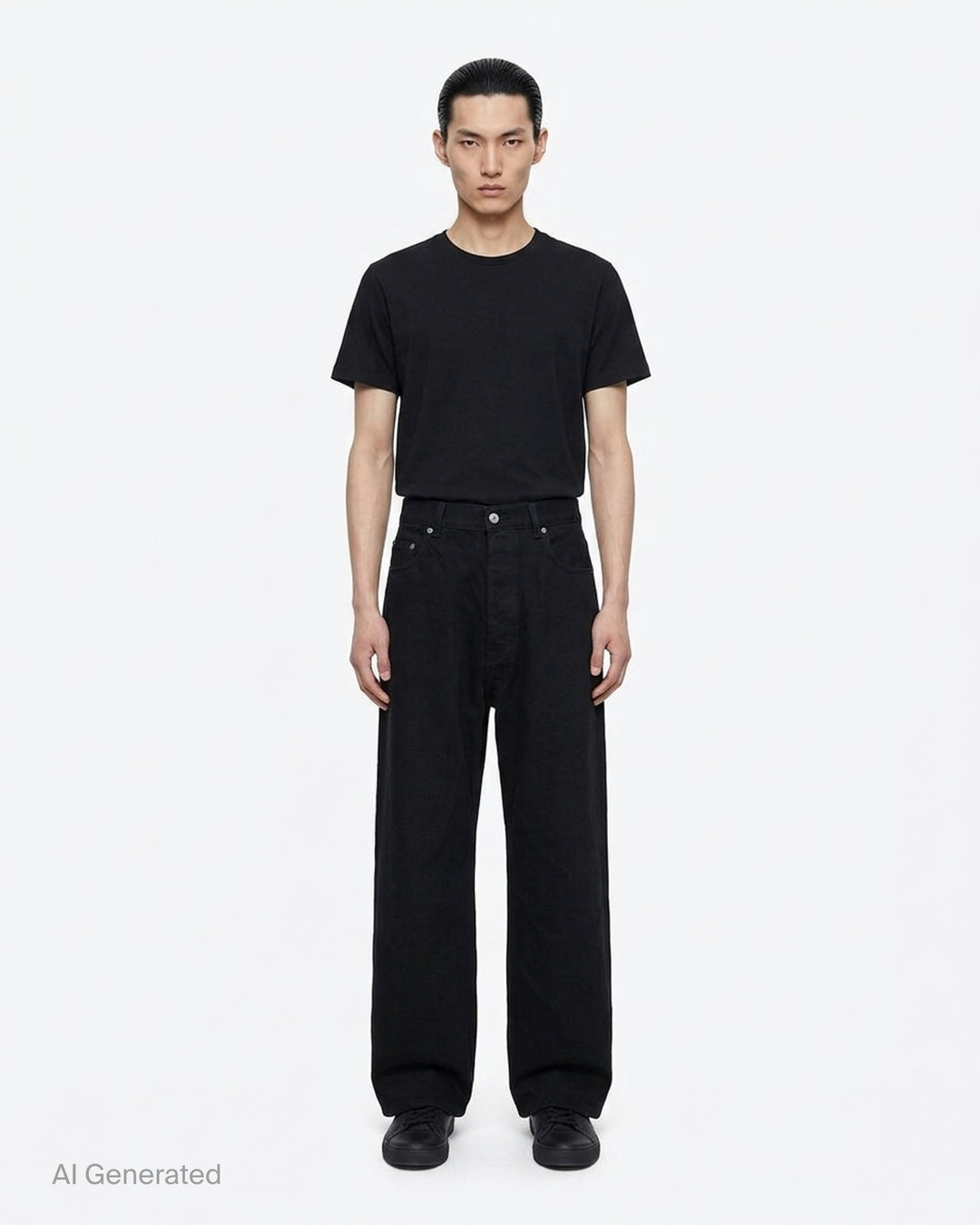 Rick Owens Geth Jeans in black denim with a wide-leg silhouette, shown from the front with button fly and five-pocket detailing - front