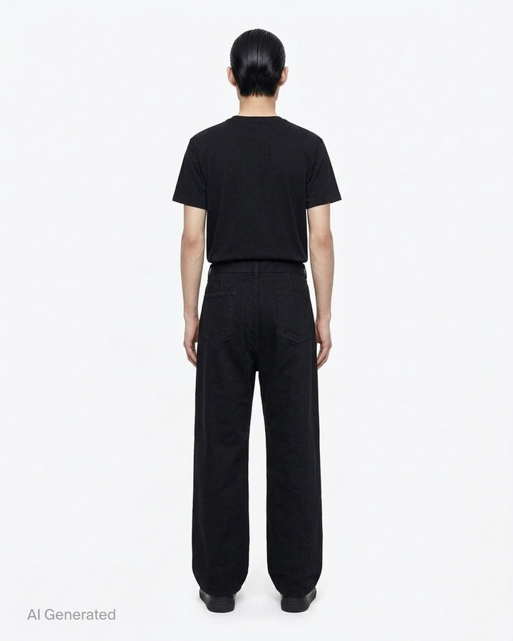 Rick Owens Geth Jeans in black denim with a wide-leg silhouette, shown from the front with button fly and five-pocket detailing - back