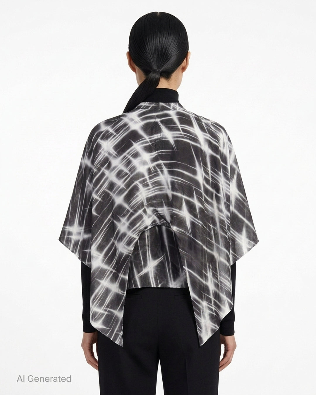 Rick Owens Half Moon wrap top in a black and white starburst print with a kimono-style silhouette and knotted tie front - back