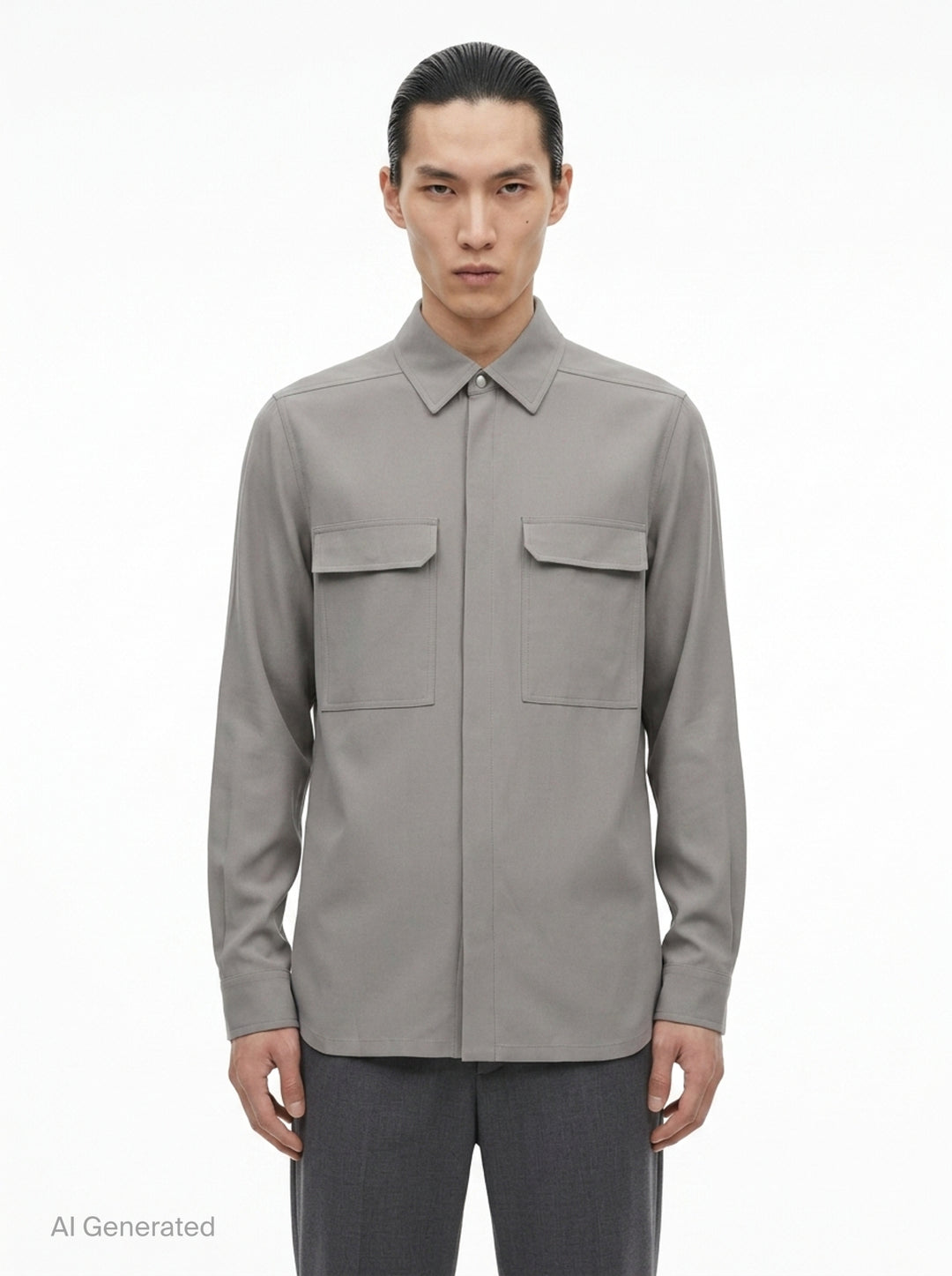 Rick Owens Heavy Cady Long Sleeve Outershirt in taupe-grey with concealed snap placket, dual flap chest pockets, and oversized silhouette - front