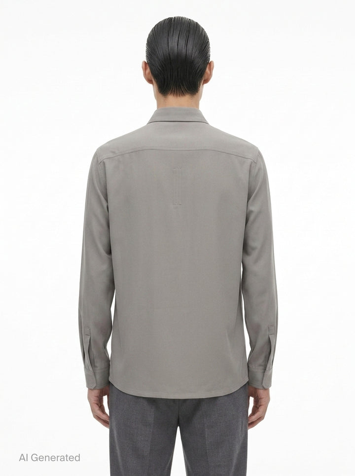 Rick Owens Heavy Cady Long Sleeve Outershirt in taupe-grey with concealed snap placket, dual flap chest pockets, and oversized silhouette - back