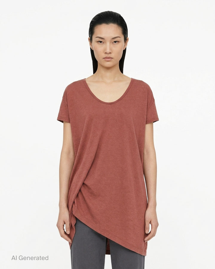 Rick Owens Hiked T-shirt in washed heathered jersey with scoop neckline and asymmetric ruched hem - front