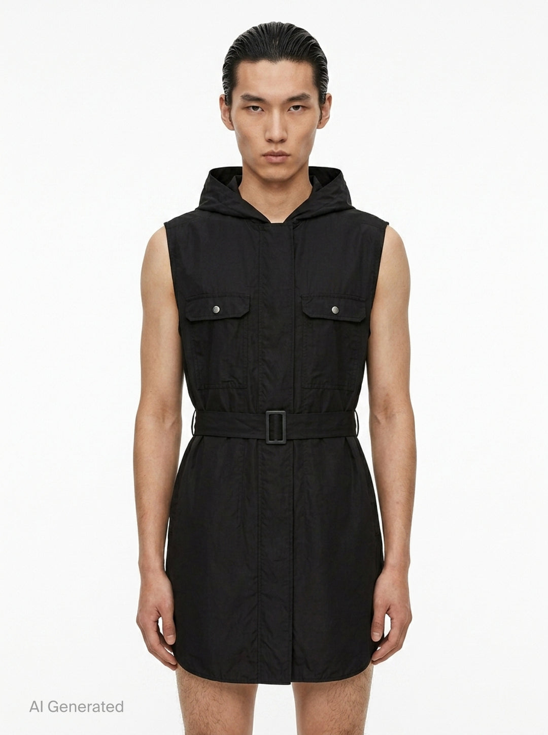 Rick Owens sleeveless hooded midi coat in sage grey with utility chest pockets, a self-fabric belt with rectangular buckle, and a snap-button front placket, displayed on a ghost mannequin against a white background - front
