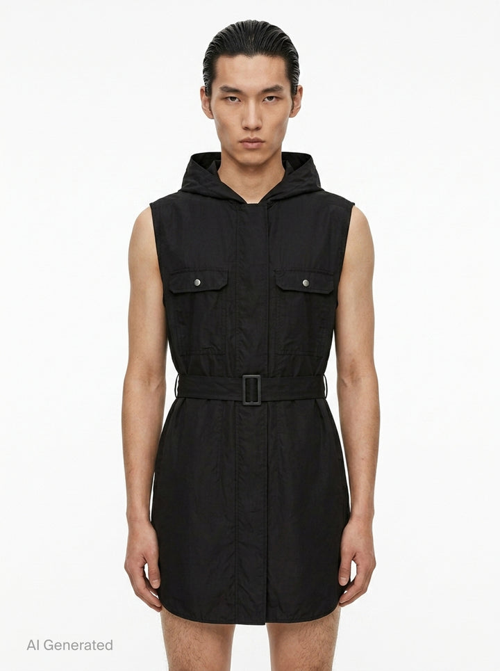 Rick Owens sleeveless hooded midi coat in sage grey with utility chest pockets, a self-fabric belt with rectangular buckle, and a snap-button front placket, displayed on a ghost mannequin against a white background - front