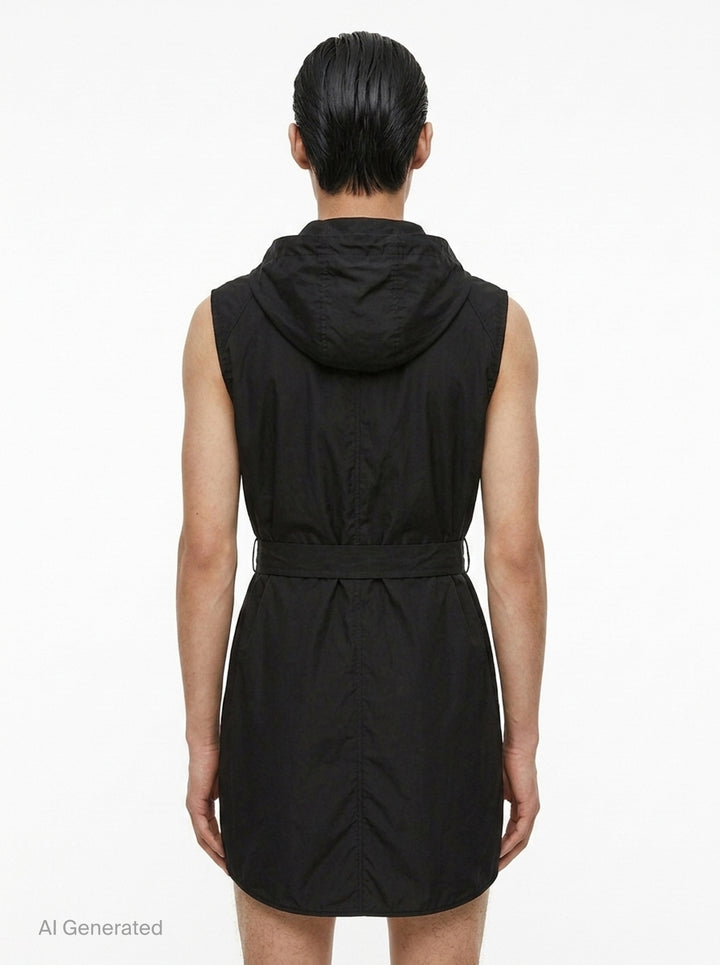 Rick Owens sleeveless hooded midi coat in sage grey with utility chest pockets, a self-fabric belt with rectangular buckle, and a snap-button front placket, displayed on a ghost mannequin against a white background - back