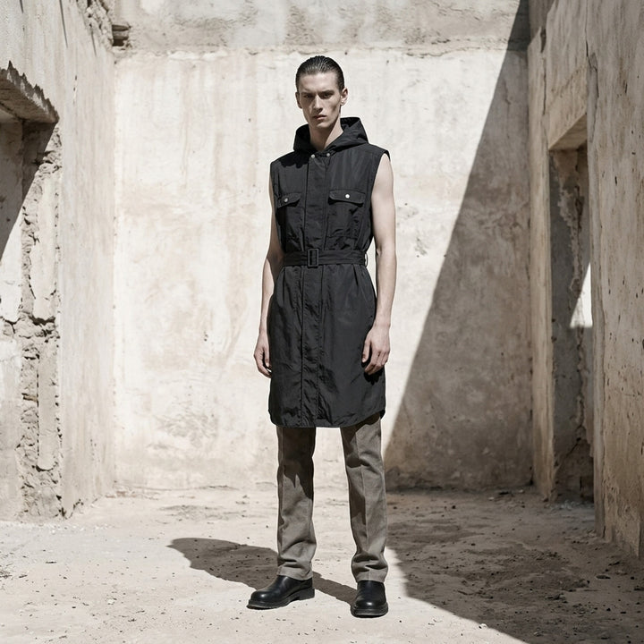 Rick Owens sleeveless hooded midi coat in sage grey with utility chest pockets, a self-fabric belt with rectangular buckle, and a snap-button front placket, displayed on a ghost mannequin against a white background - lifestyle