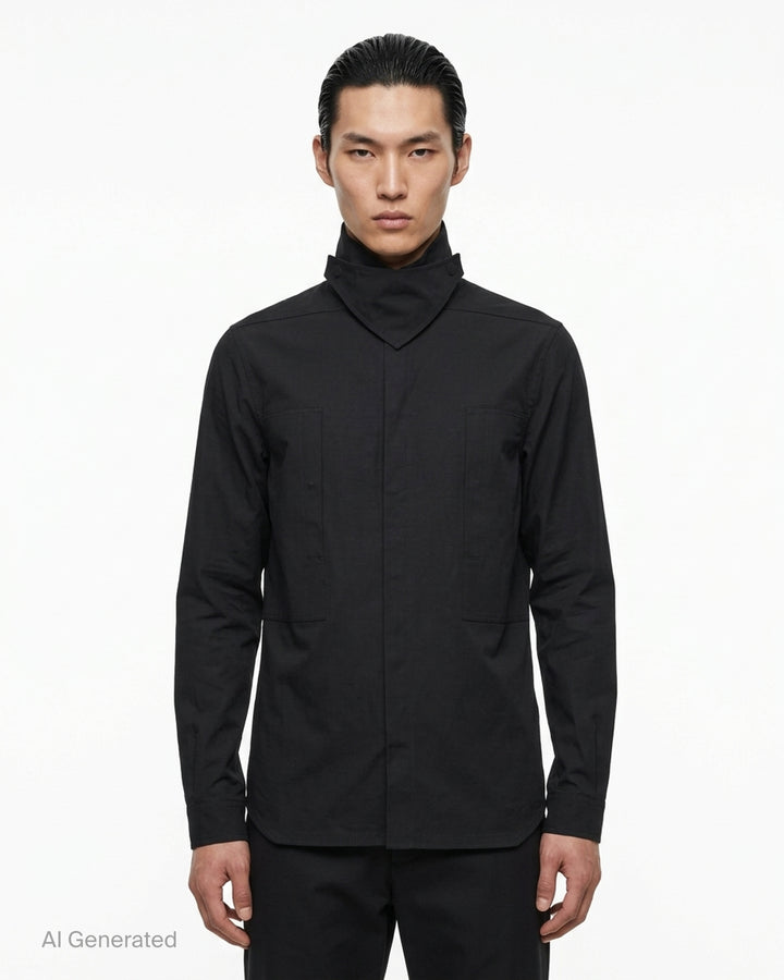 Rick Owens black long sleeve outershirt with high funnel collar, concealed snap placket and two vertical flap chest pockets - front