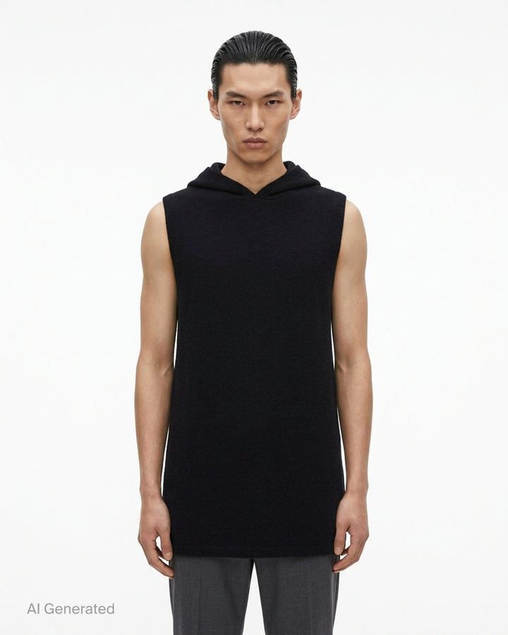 Rick Owens black sleeveless hooded tank in textured knit, shown from the front on a white background - front