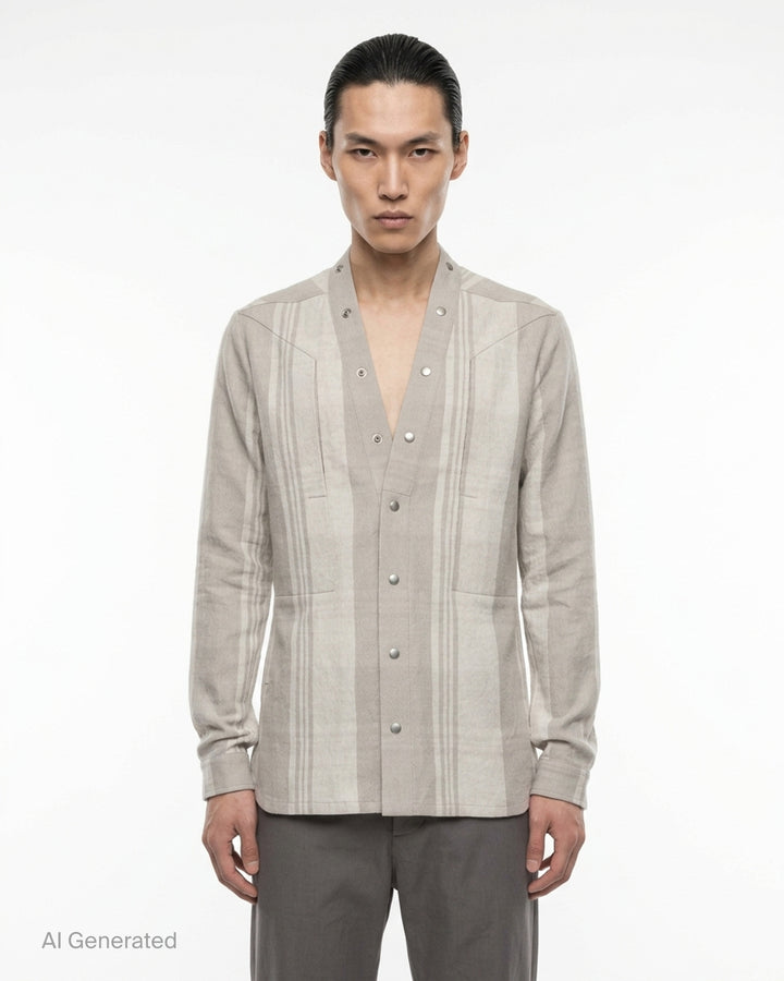 Back view of the Rick Owens Larry Fogpocket long sleeve shirt in a warm beige and cream brushed plaid with snap-fastened stand collar and snap cuffs - front