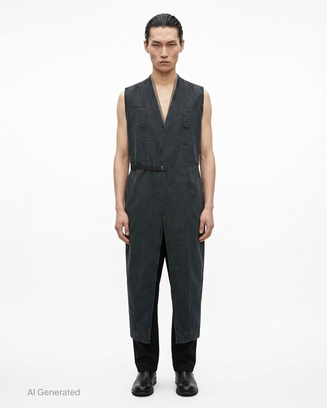 Rick Owens Long Lab Gravel Canvas Vest — sleeveless washed canvas jumpsuit with deep V-neckline, webbing belt, patch pockets, and tapered cropped legs, laid flat on white background - front