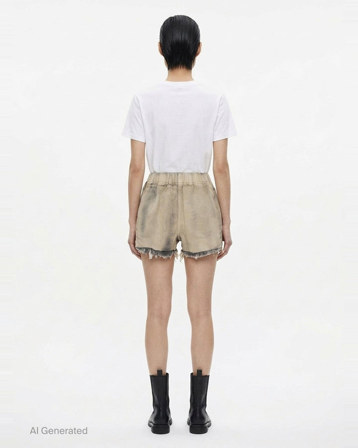 Rick Owens mineral wash denim shorts with elasticated waistband and raw frayed hem in washed beige-grey tone, back view on white background - back