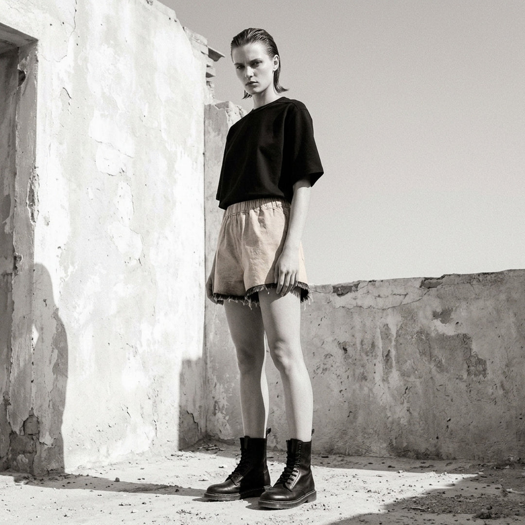 Rick Owens mineral wash denim shorts with elasticated waistband and raw frayed hem in washed beige-grey tone, back view on white background - lifestyle