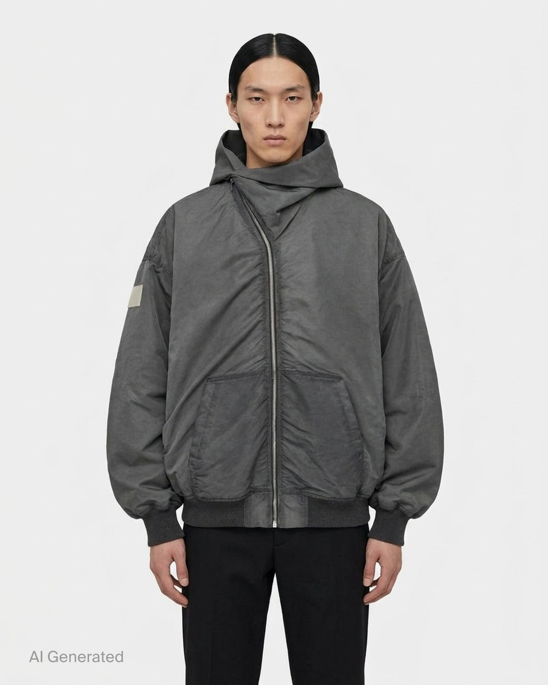 Rick Owens Mountain Hun washed bomber hoodie in charcoal grey with asymmetric zip, draped hood and ribbed cuffs - front