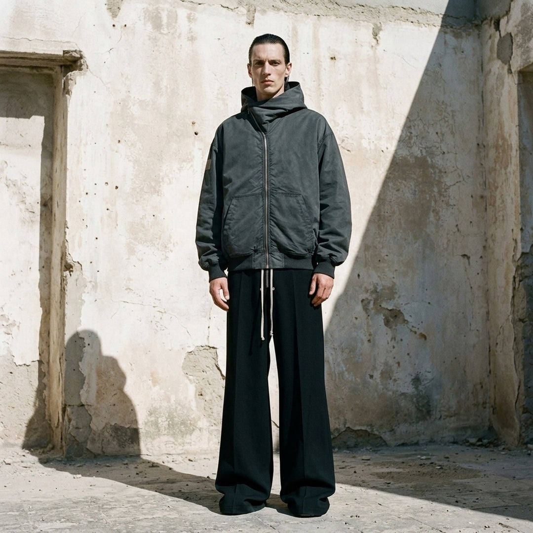 Rick Owens Mountain Hun washed bomber hoodie in charcoal grey with asymmetric zip, draped hood and ribbed cuffs - lifestyle