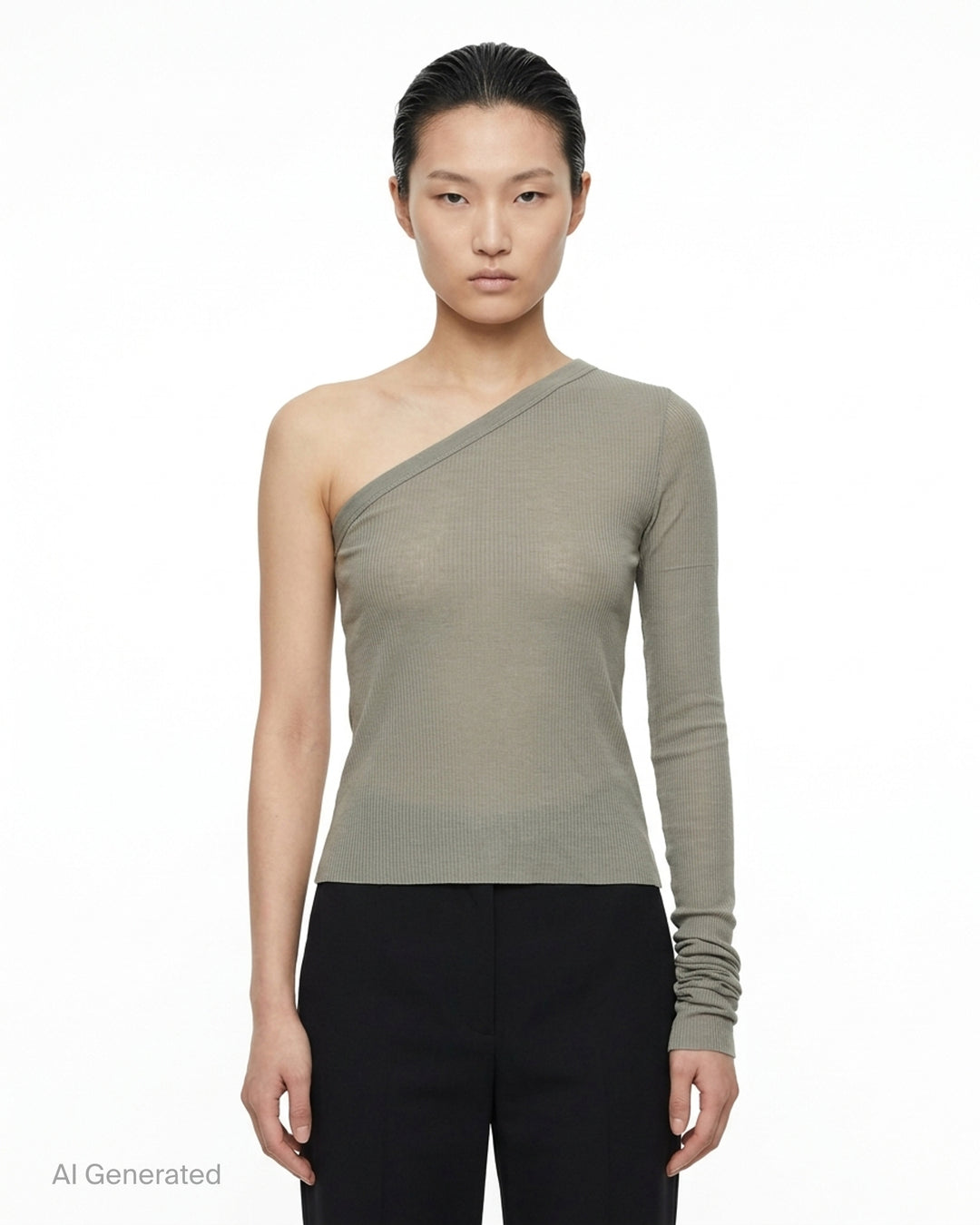 Rick Owens Ziggy black one-shoulder ribbed knit top with a single long ruched sleeve and cropped hem, photographed on a white background - front