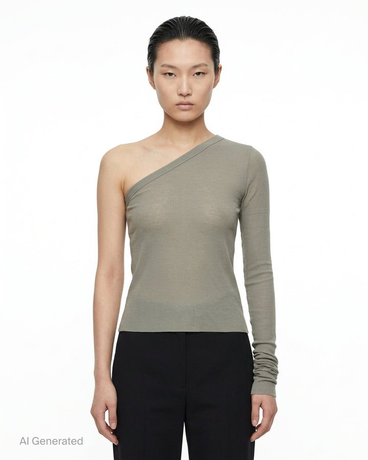 Rick Owens Ziggy black one-shoulder ribbed knit top with a single long ruched sleeve and cropped hem, photographed on a white background - front