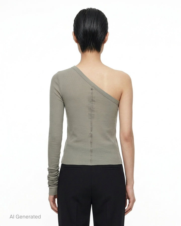 Rick Owens Ziggy black one-shoulder ribbed knit top with a single long ruched sleeve and cropped hem, photographed on a white background - back