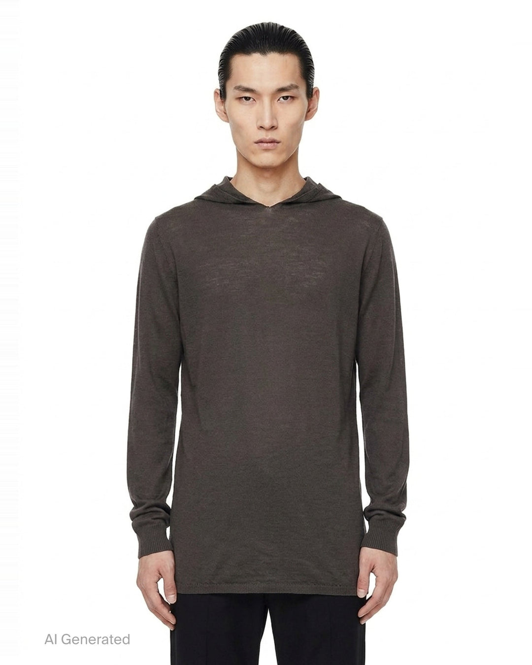 Rick Owens Oversize Knit Hoodie in dark taupe, featuring a fine-gauge semi-sheer knit, elongated body, unstructured hood, and ribbed cuffs with a gathered finish - front