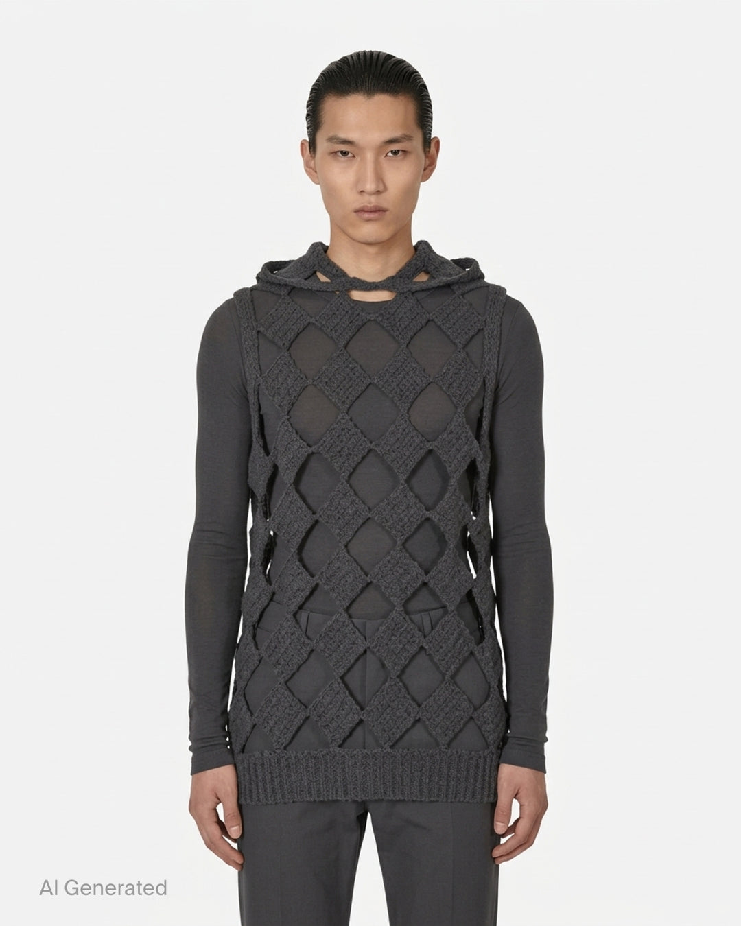 Rick Owens Sarutanya hooded knit tank in charcoal with an open diamond crochet lattice, hood and ribbed hem - front